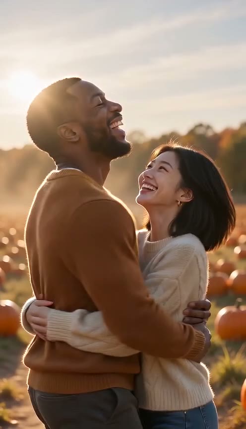 The same couple, human again, laughing and hugging in a sunny pumpkin patch
